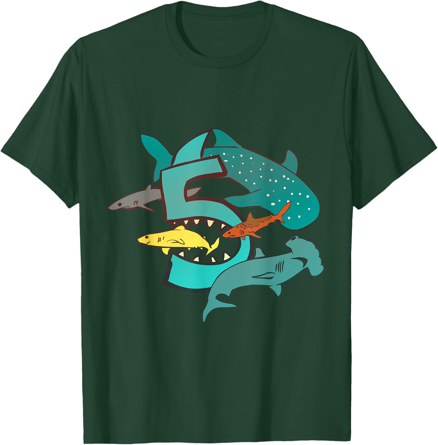 Shark 5th Birthday 5 Year Old Birthday Kids Boys Girls T-Shirt - T-Shirt | Forest
