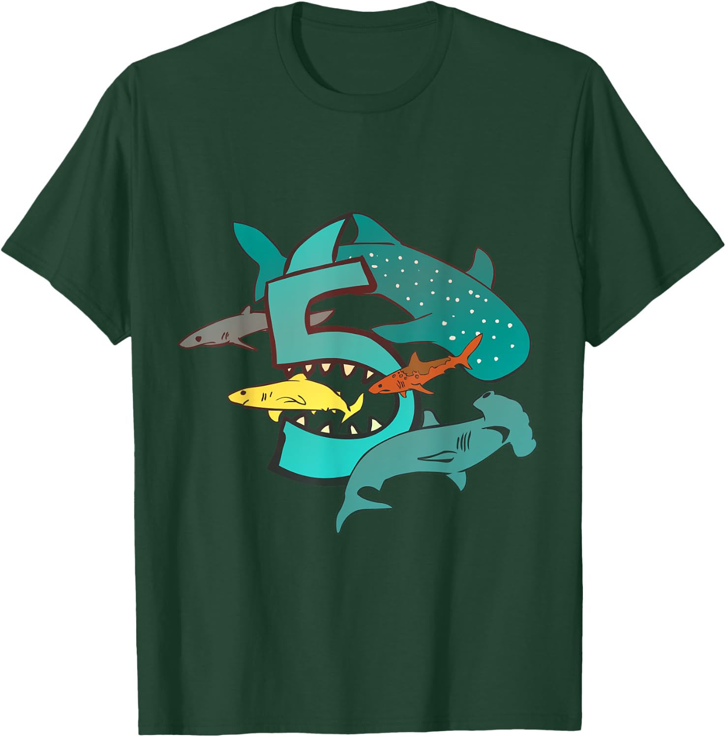 Shark 5th Birthday 5 Year Old Birthday Kids Boys Girls T-Shirt - T-Shirt | Forest