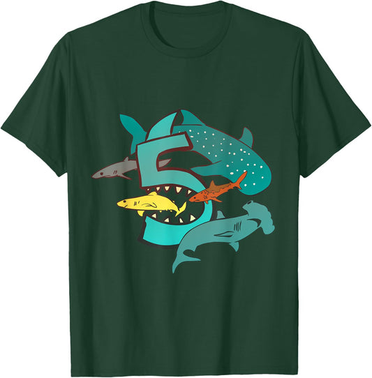 Shark 5th Birthday 5 Year Old Birthday Kids Boys Girls T-Shirt - T-Shirt | Forest