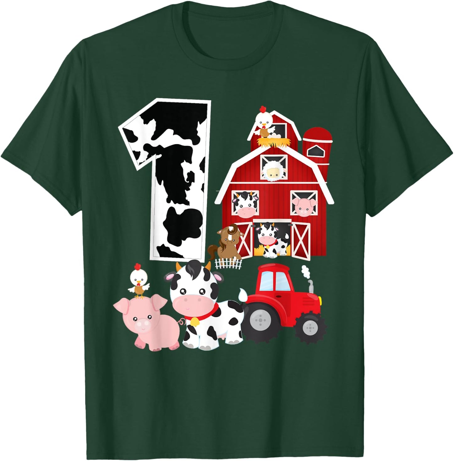 Farm Barnyard Theme Pig Cow Horse 1st Birthday 1 Yrs Old T-Shirt - T-Shirt | Forest