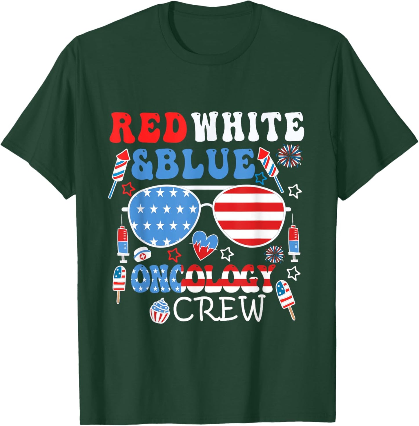 Groovy Red White Blue American Oncology Crew 4th of July T-Shirt - T-Shirt | Forest