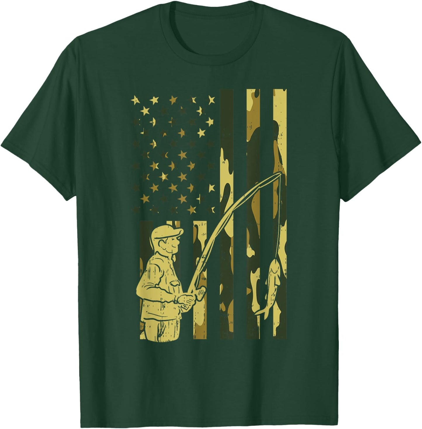 Camo Flag Fisherman Vintage Fishing Patriotic Angler Gift T-Shirt - T-Shirt | Forest