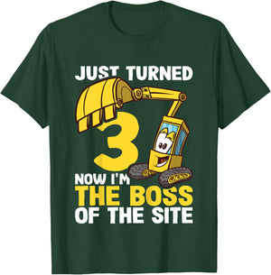 Kids 3rd Birthday Shirt Boy Excavator Construction Site Boss T-Shirt - T-Shirt | Forest