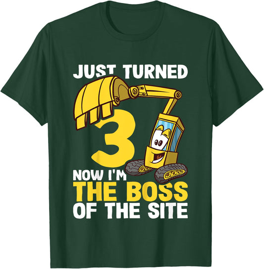Kids 3rd Birthday Shirt Boy Excavator Construction Site Boss T-Shirt - T-Shirt | Forest