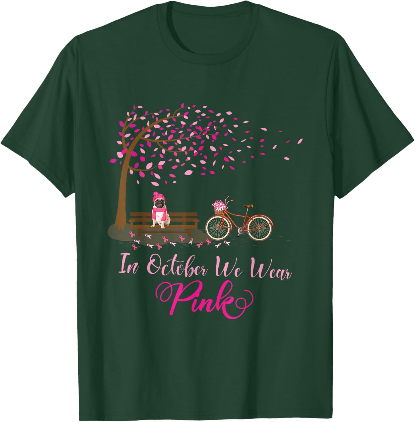 In October We Wear Pink Pug Fall Leaves Breast Cancer Ribbon T-Shirt - T-Shirt | Forest