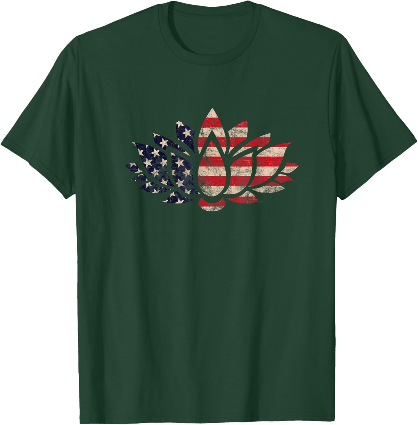 Lotus Flower USA Flag Patriotic American 4th of July Yoga Women Kids Men T-Shirt - T-Shirt | Forest