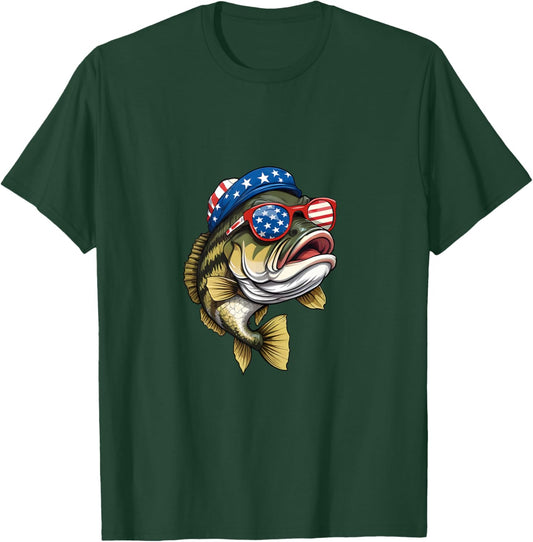 Bass Fish 4th Of July American US Flag Patriotic Fishing T-Shirt - T-Shirt | Forest