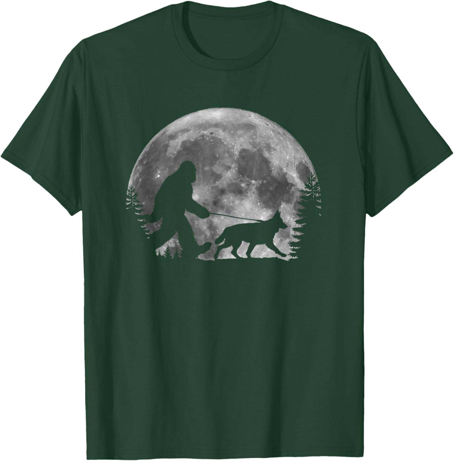 Bigfoot Walking a Dog Funny German Shepherd Moon Halloween T-Shirt - T-Shirt | Forest