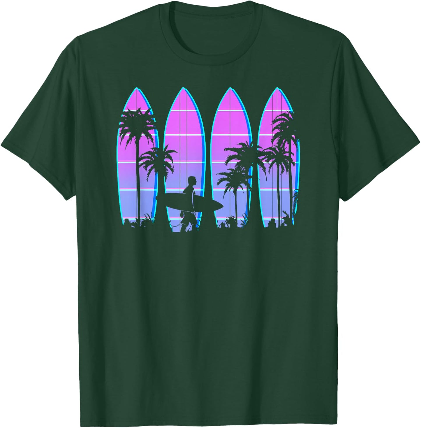 Surfboard Men Women Kids Surfing Vaporwave Retro Wave Surfer T-Shirt - T-Shirt | Forest