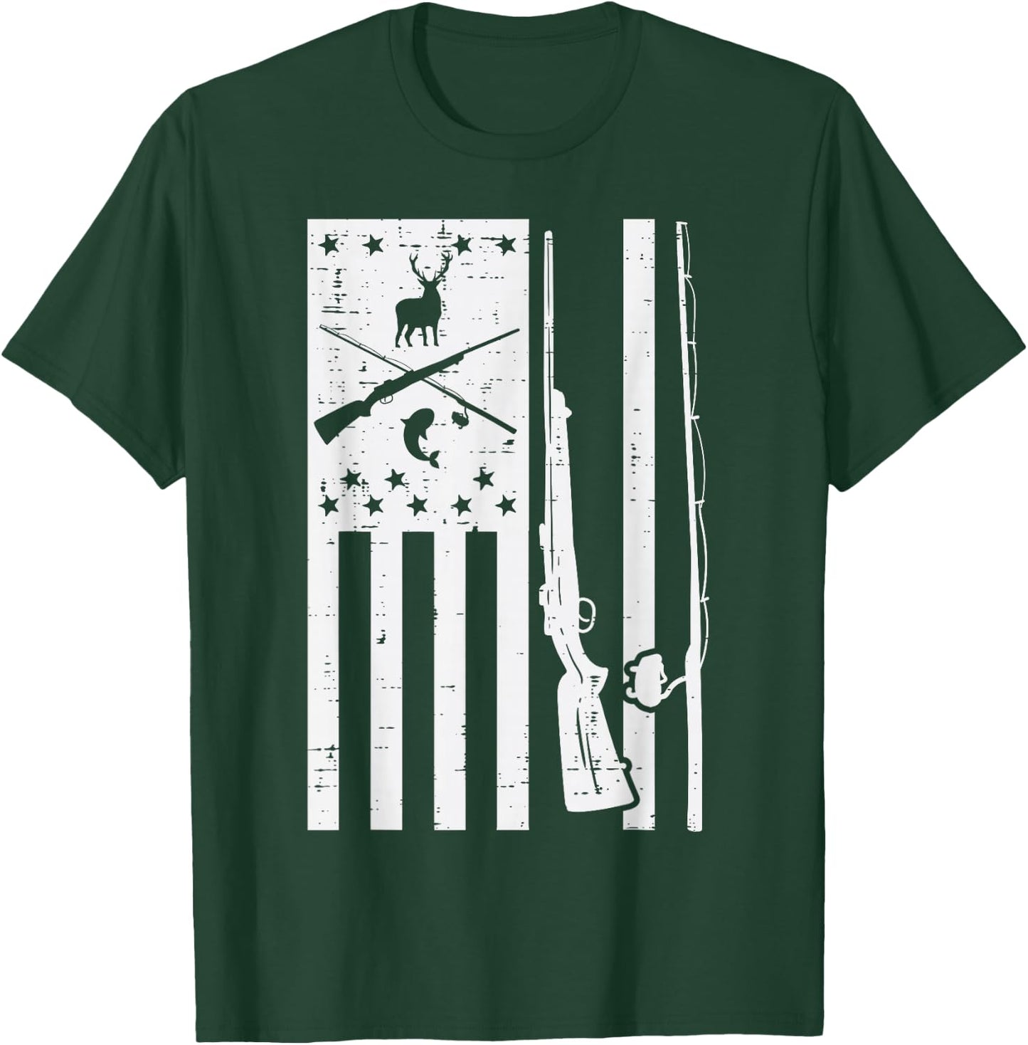 White US Flag Rifle Fishing Rod Fish Deer Hunting Patriotic T-Shirt - T-Shirt | Forest