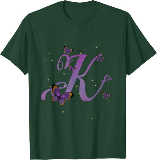 Romantic Butterfly Initial Letter K Purple Monogram T-Shirt - T-Shirt | Forest