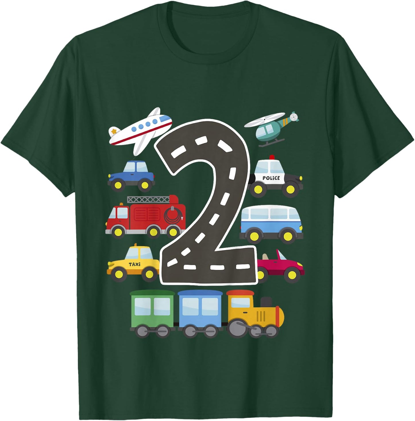 Kids 2 Year Old Transportation Birthday Car Train Plane 2nd Gift T-Shirt - T-Shirt | Forest