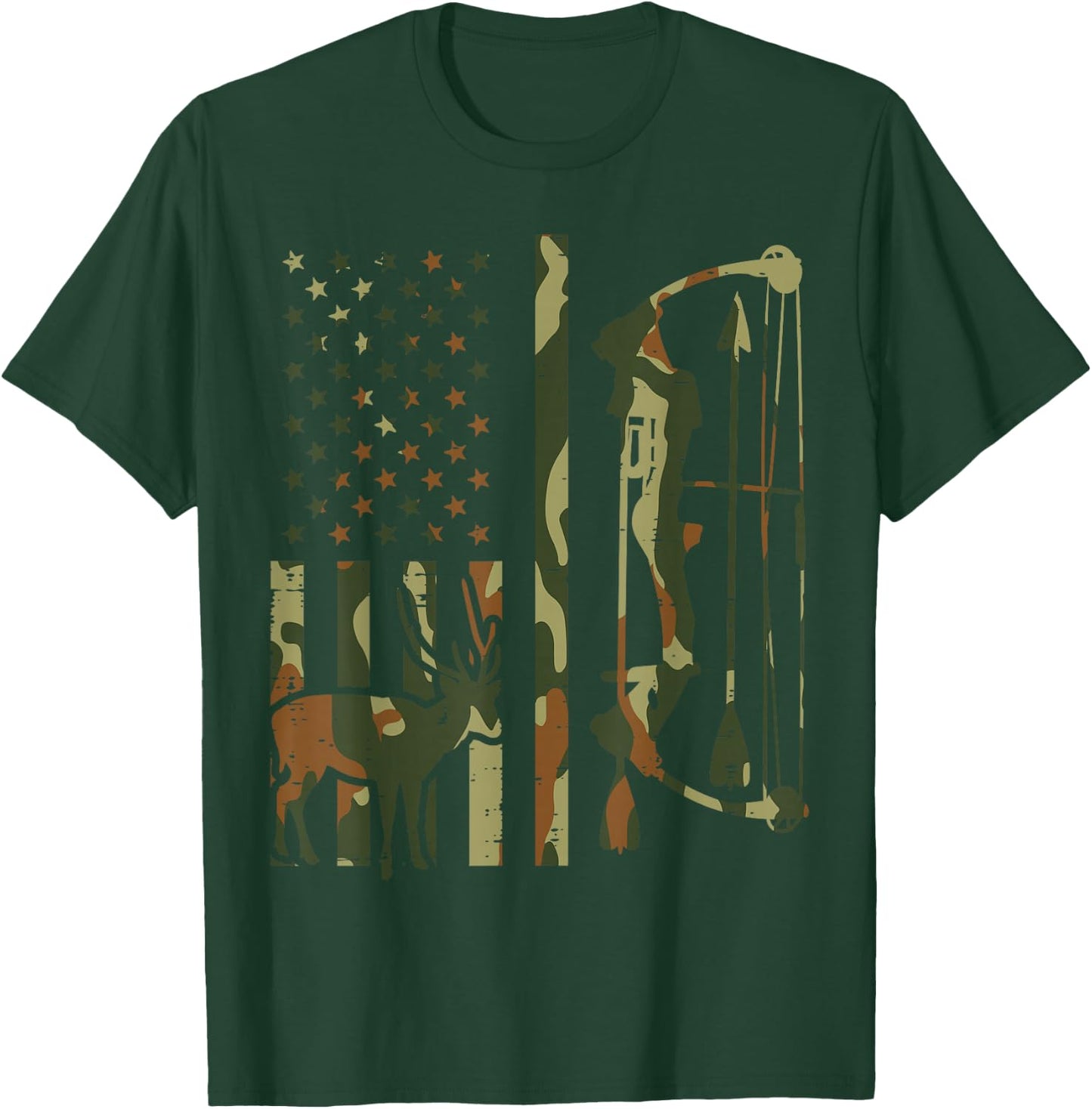 Camo Flag Deer Bow Hunting Patriotic Hunter Dad Archer T-Shirt - T-Shirt | Forest