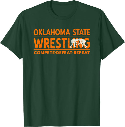Oklahoma State Wrestling - Compete Defeat Repeat T-Shirt - T-Shirt | Forest