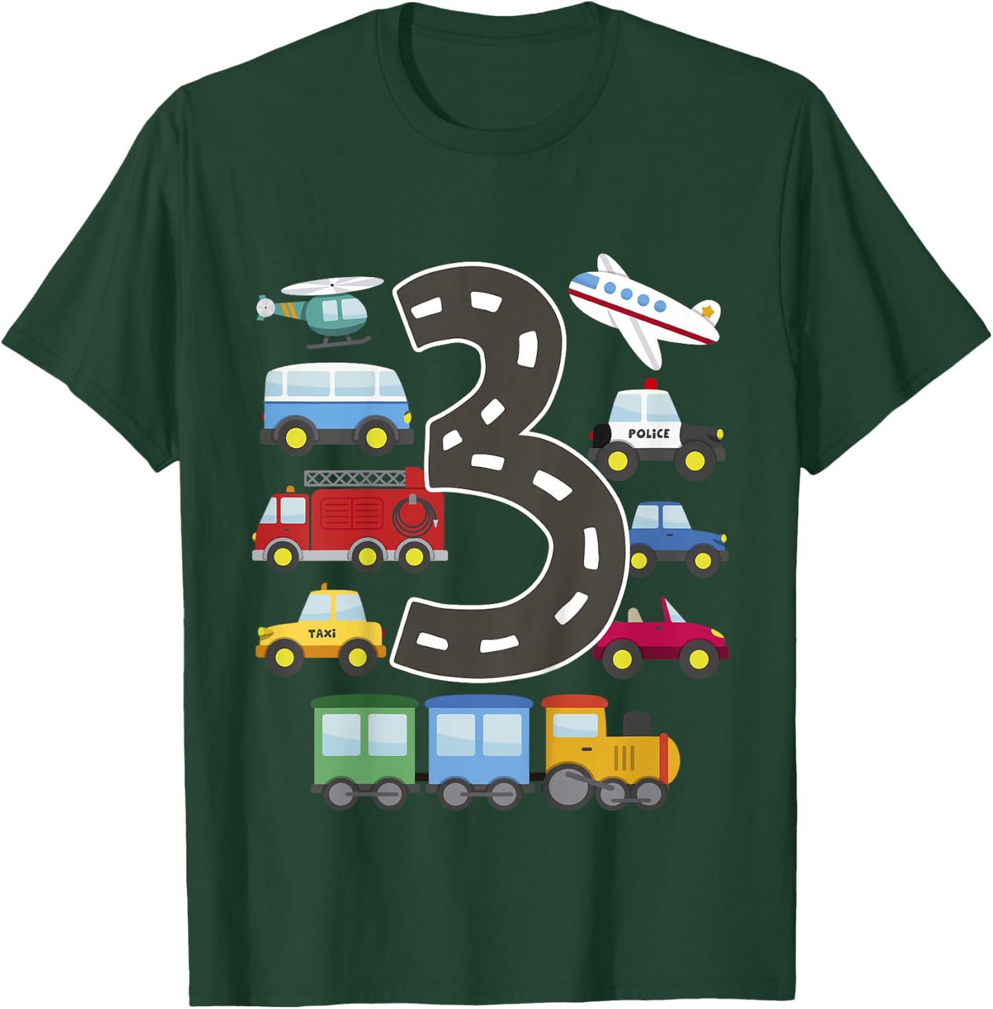 3 Year Old Transportation Birthday Car Train Plane 3rd Gift T-Shirt - T-Shirt | Forest