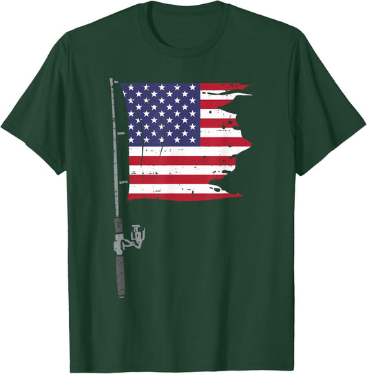 Fishing Rod American Flag Fish 4th Of July Patriot Men Dad T-Shirt - T-Shirt | Forest