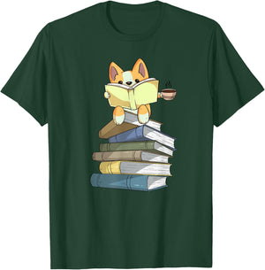 Welsh Corgi Books Coffee | Coffee Dog & Reading Lover Gift T-Shirt - T-Shirt | Forest