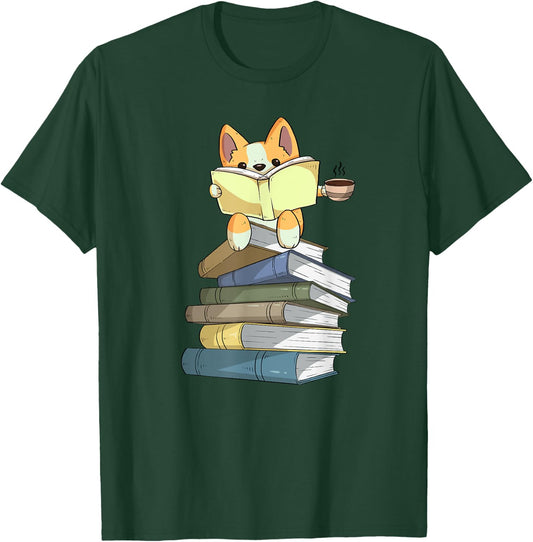 Welsh Corgi Books Coffee | Coffee Dog & Reading Lover Gift T-Shirt - T-Shirt | Forest