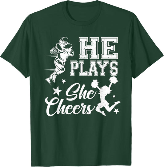 He Plays She Cheers School Football Player Cheerleader Girl T-Shirt - T-Shirt | Forest