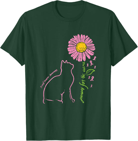Cat Flower Paw For Cure Breast Cancer Awareness Support Gift T-Shirt - T-Shirt | Forest