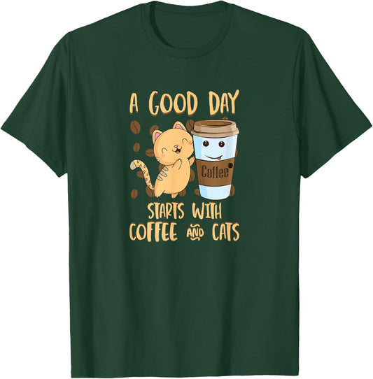 Cats Coffee A Good Day Starts With Coffee Cats T-Shirt - T-Shirt | Forest
