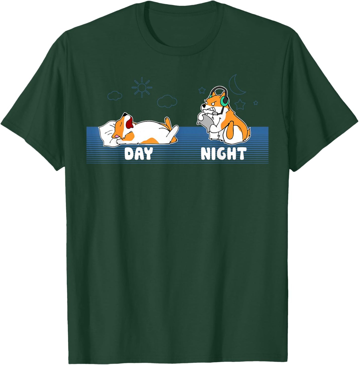 Sleep All Day Play Games All Night Funny Dog Corgi Gamer T-Shirt - T-Shirt | Forest
