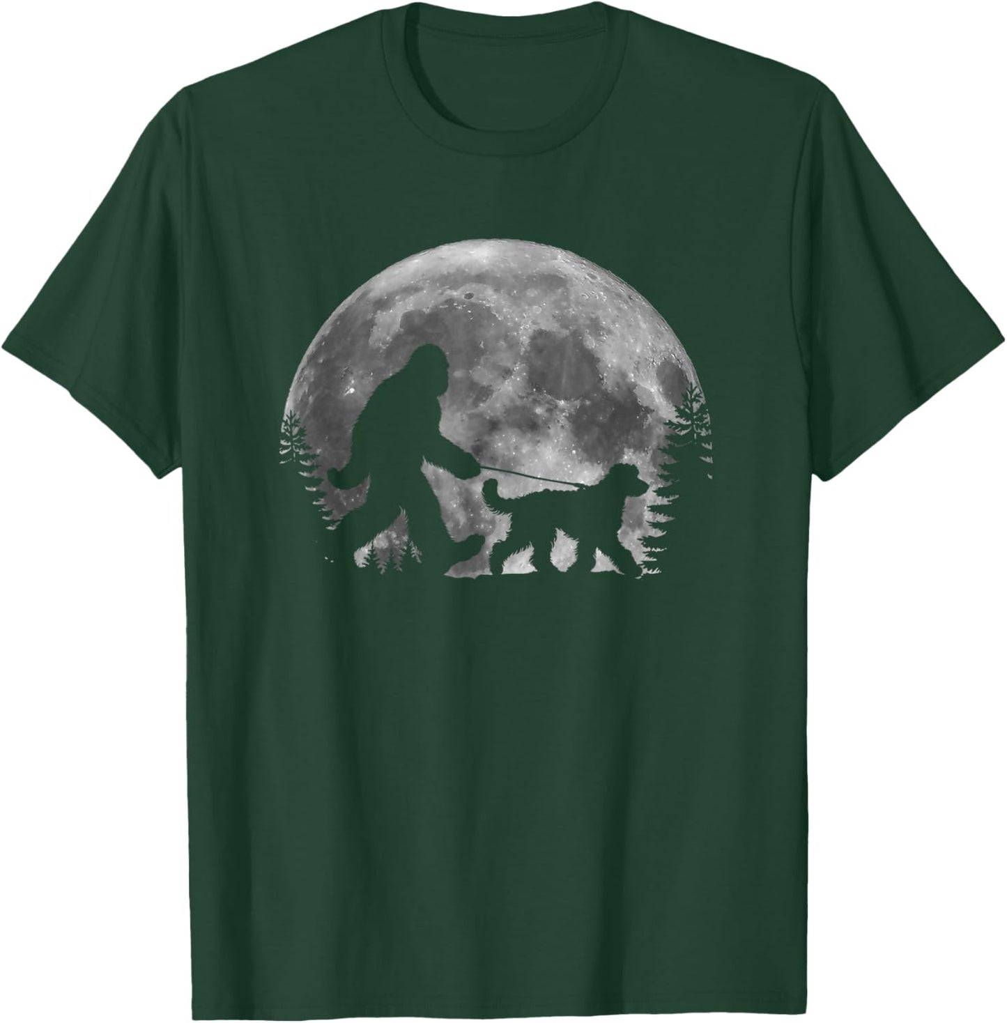 Bigfoot Walking a Dog Funny Sheepadoodle Moon Halloween T-Shirt - T-Shirt | Forest