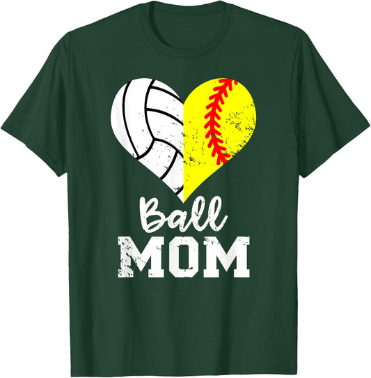 Ball Mom Heart Funny Softball Volleyball Mom T-Shirt - T-Shirt | Forest