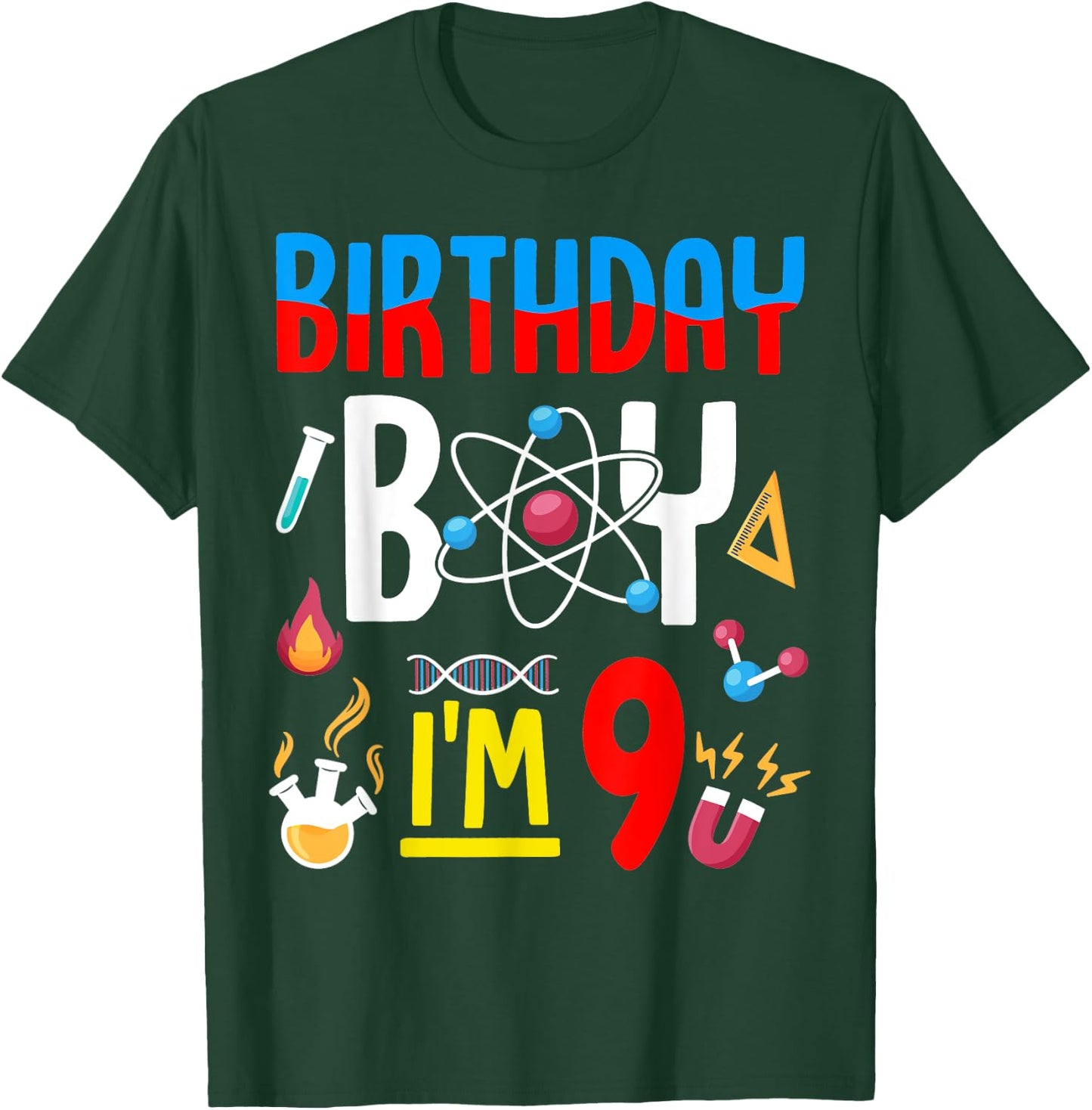 9th Birthday Boy Girls Science Theme 9 Year Old Funny B-Day T-Shirt - T-Shirt | Forest