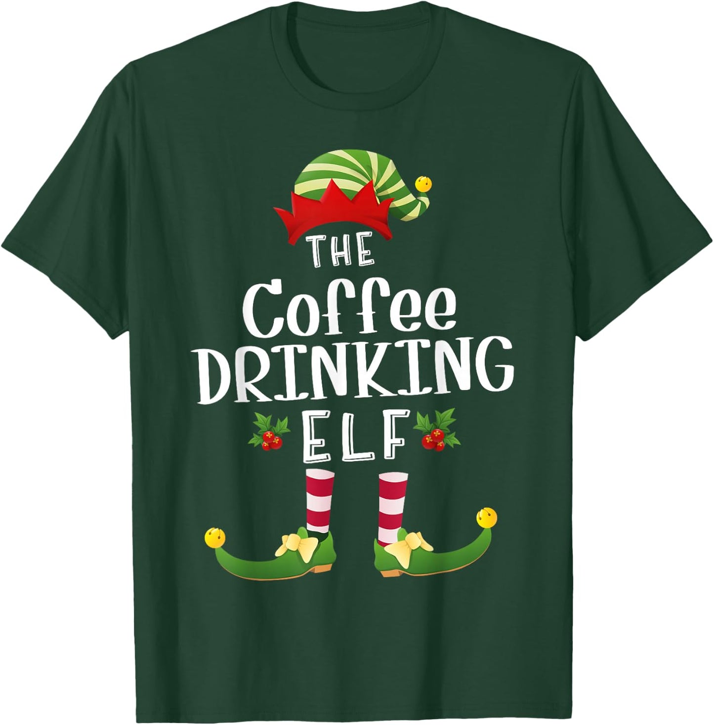 Coffee Drinking Christmas Elf Matching Pajama X-Mas Party T-Shirt - T-Shirt | Forest