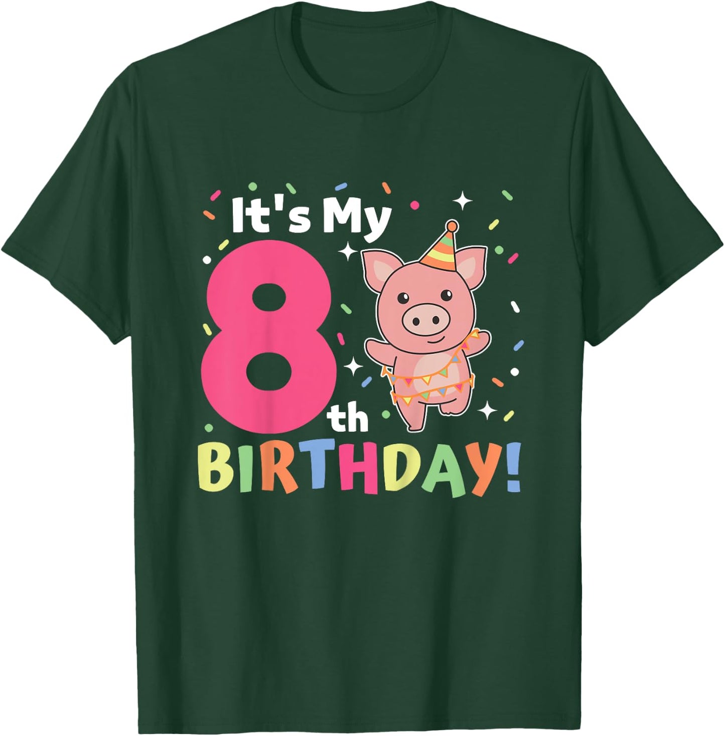Kids 8th Birthday Pig For Children Eight Years Old T-Shirt - T-Shirt | Forest
