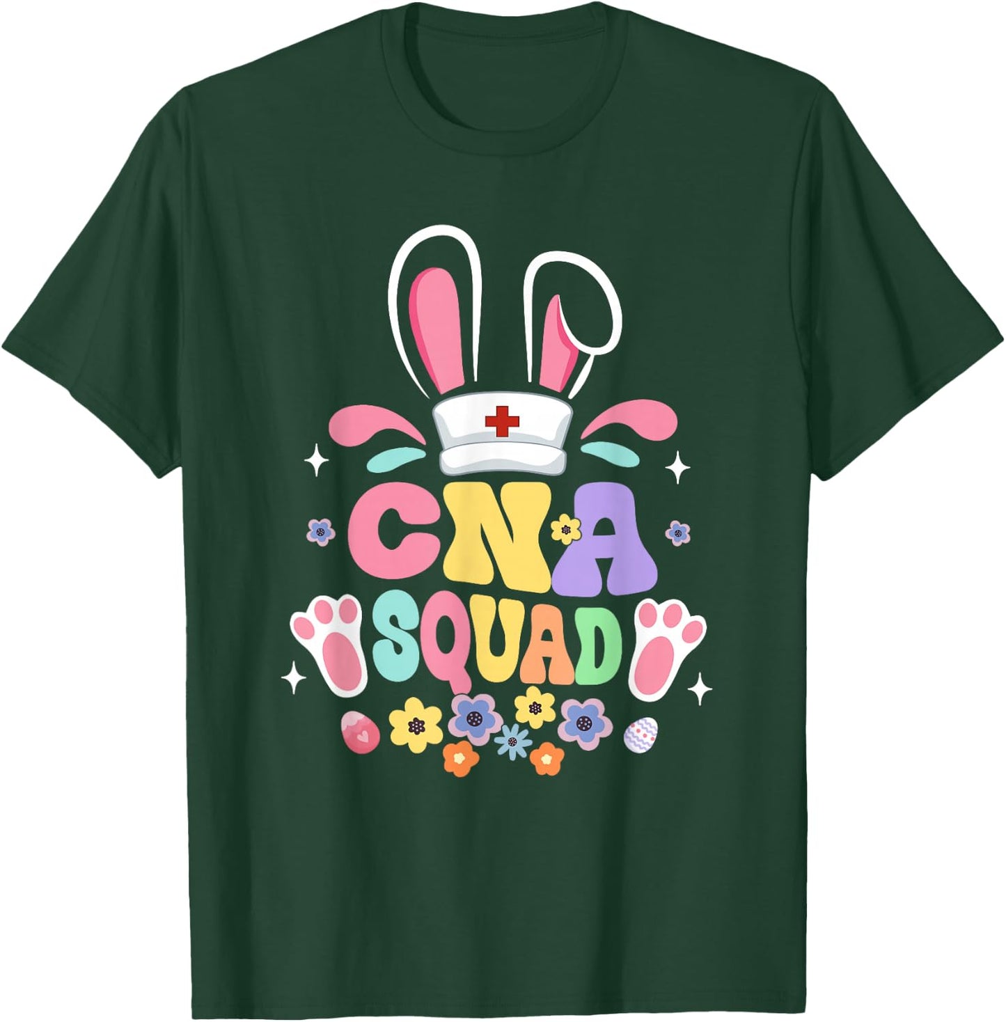 Retro Groovy CNA Squad Bunny Ear Flower Easter T-Shirt - T-Shirt | Forest