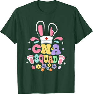 Retro Groovy CNA Squad Bunny Ear Flower Easter T-Shirt - T-Shirt | Forest