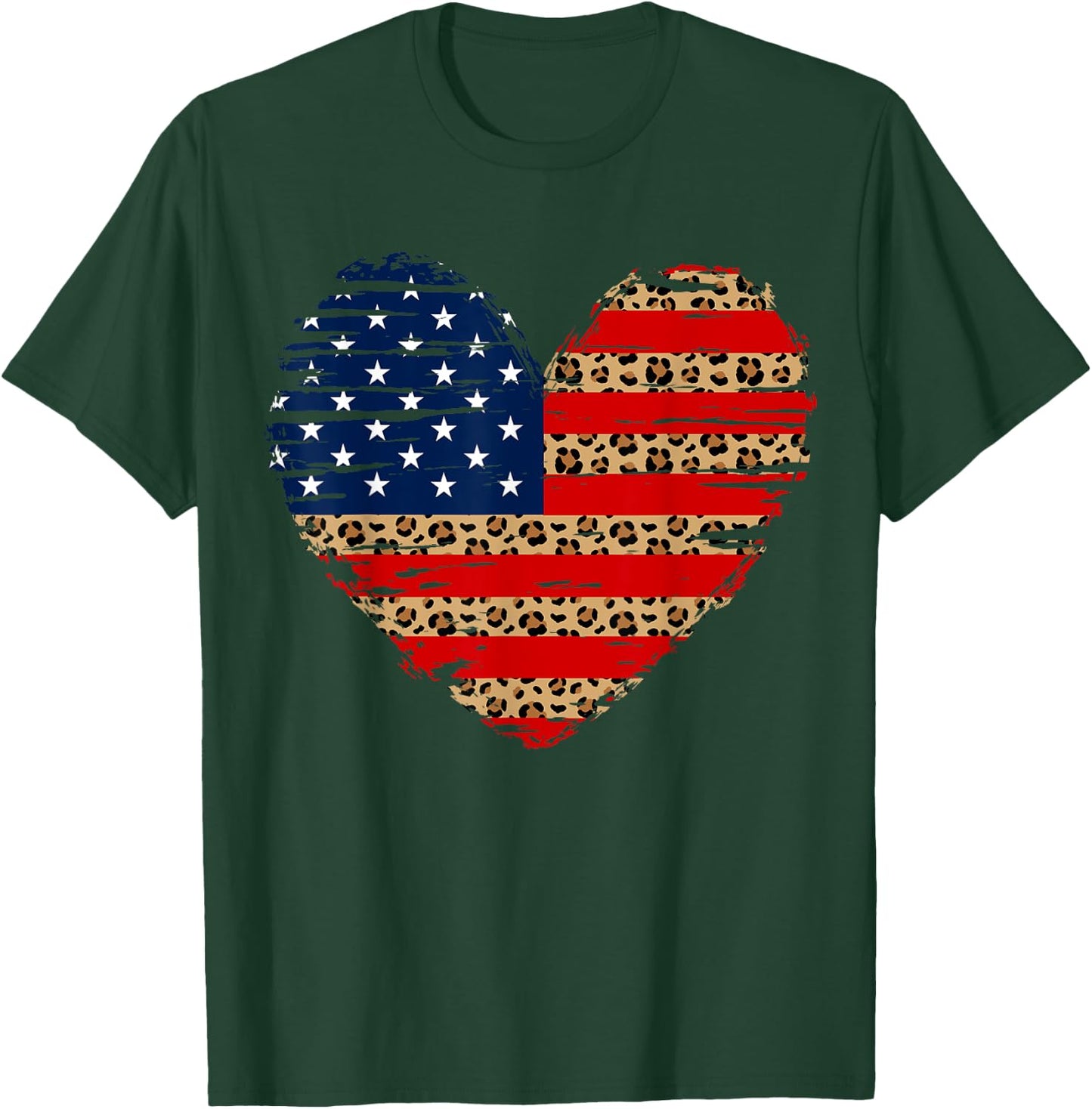 American Flag Heart 4th of July Leopard Print USA Patriotic T-Shirt - T-Shirt | Forest