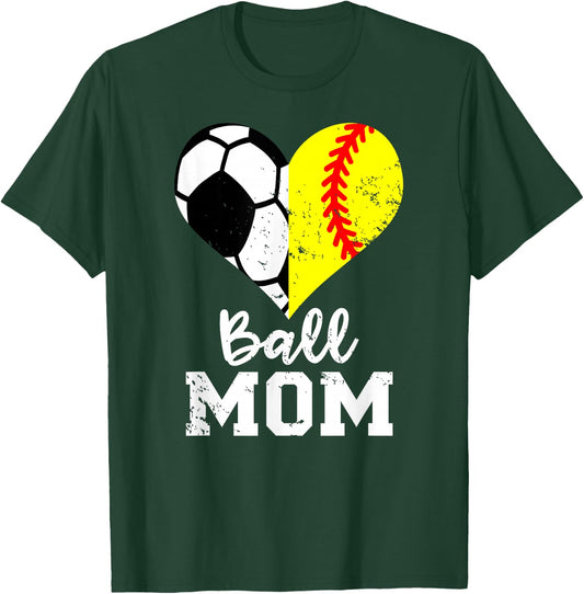 Ball Mom Heart Funny Softball Soccer Mom T-Shirt - T-Shirt | Forest