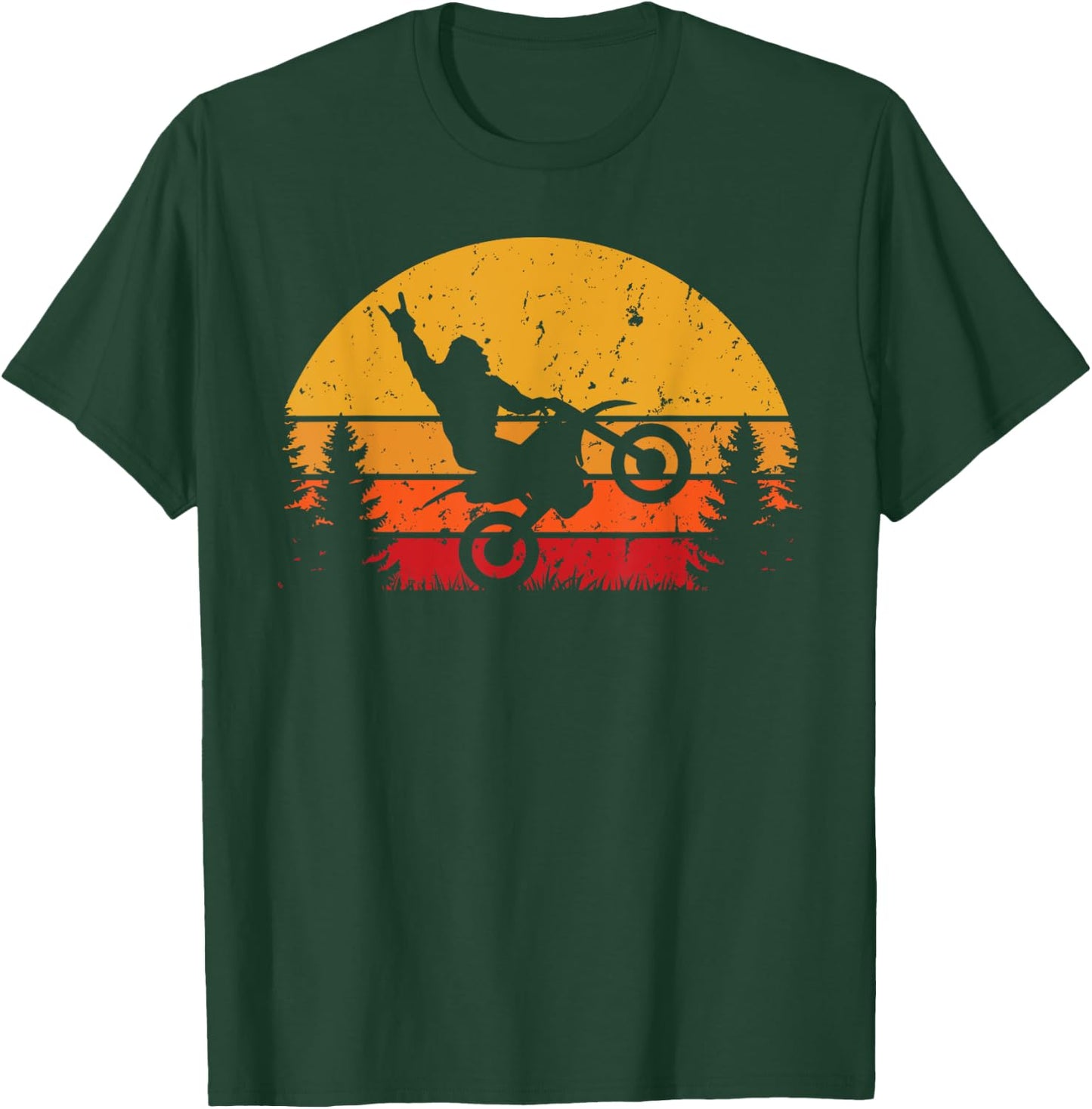 Funny Bigfoot Sasquatch Retro Sunset Riding Dirt Bike T-Shirt - T-Shirt | Forest