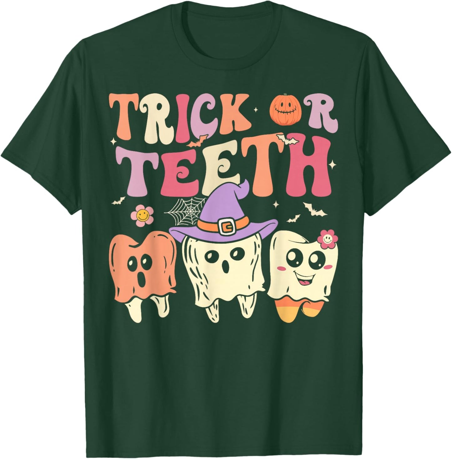 Groovy Dental Halloween Retro Trick or Teeth Floral Ghost T-Shirt - T-Shirt | Forest
