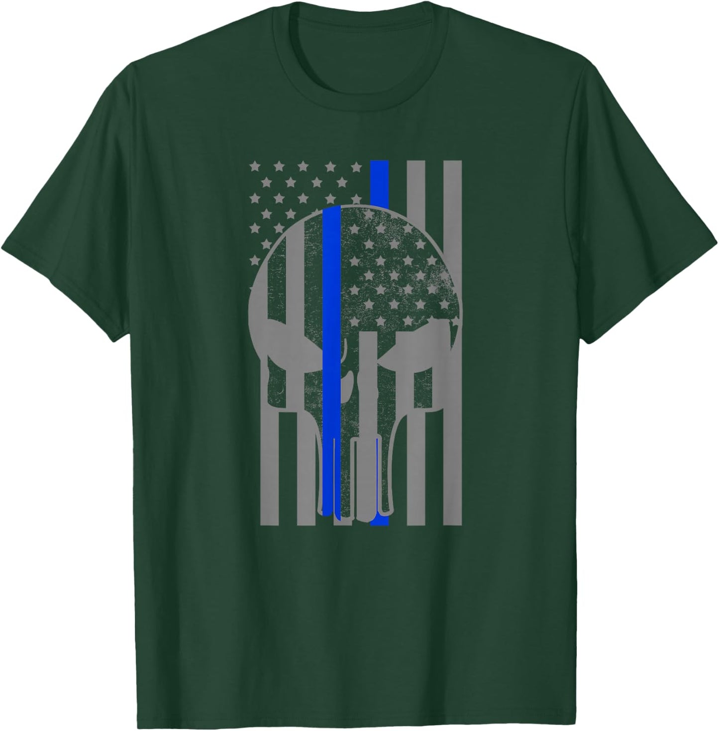 Grey American Flag Skull Thin Blue Line Police Officer Gift T-Shirt - T-Shirt | Forest
