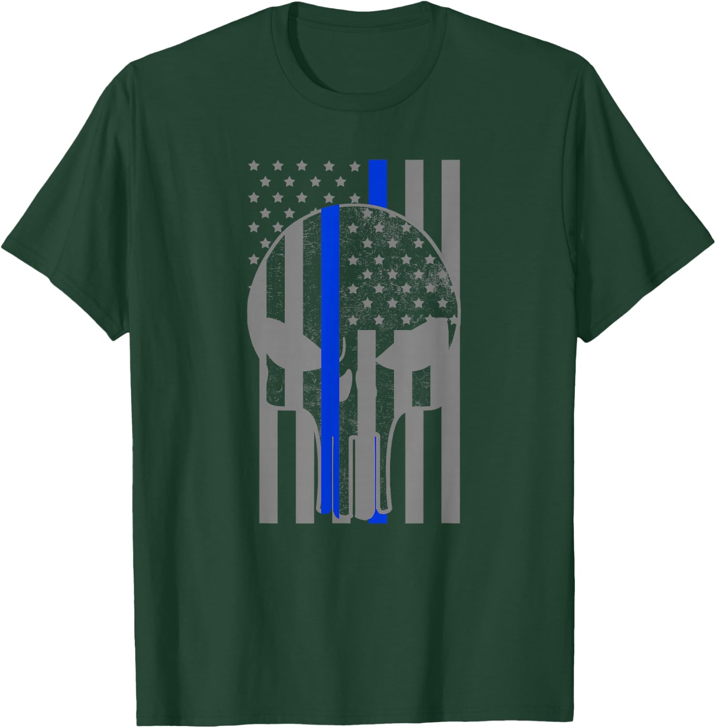 Grey American Flag Skull Thin Blue Line Police Officer Gift T-Shirt - T-Shirt | Forest