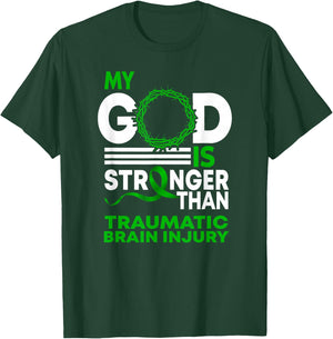 My God Stronger Than Traumatic Brain Injury Awareness Ribbon T-Shirt - T-Shirt | Forest