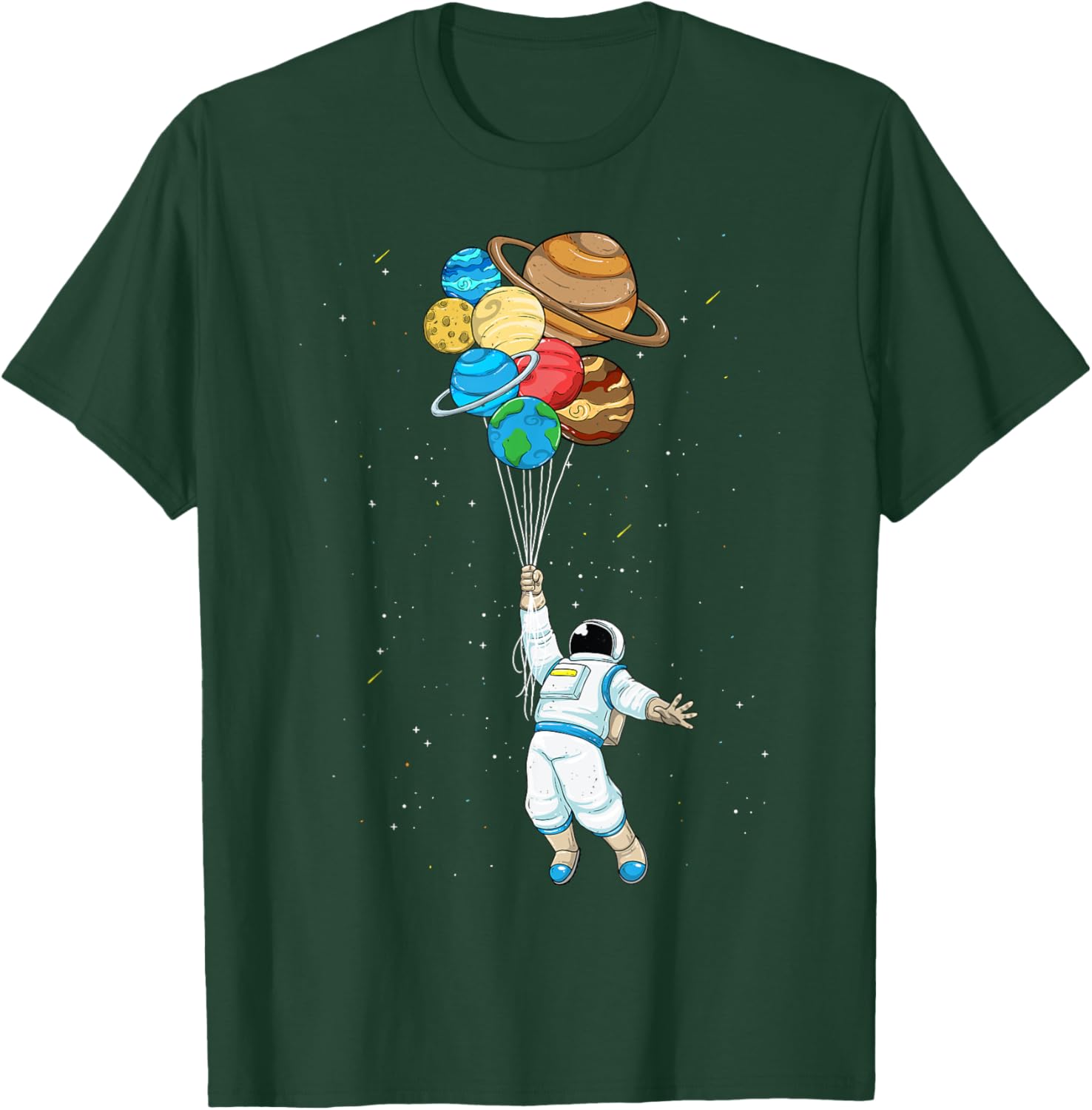 Space Shirt Astronaut Holding Planet Balloons Solar System T-Shirt - T-Shirt | Forest