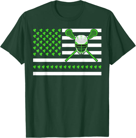 Irish Shamrock American Flag Lacrosse St. Patrick's Day Kids Men T-Shirt - T-Shirt | Forest