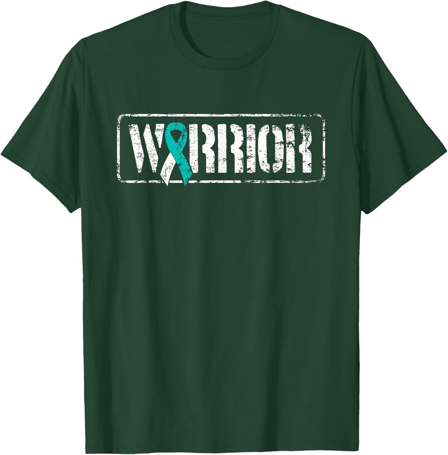 Cervical Cancer Warrior - Teal White Military-Style Ribbon T-Shirt - T-Shirt | Forest