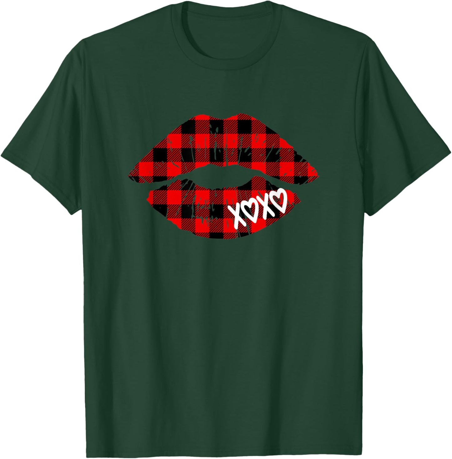 Red Buffalo Plaid Lips T Shirt Valentine Day XOXO Women Girl T-Shirt - T-Shirt | Forest