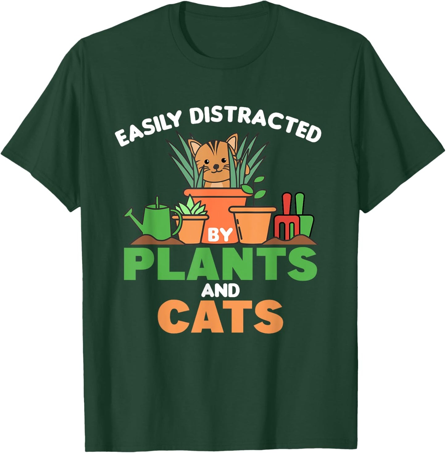 Easily Distracted By Plants And Cats Cute Cat With Flowers Men Women Kids T-Shirt - T-Shirt | Forest