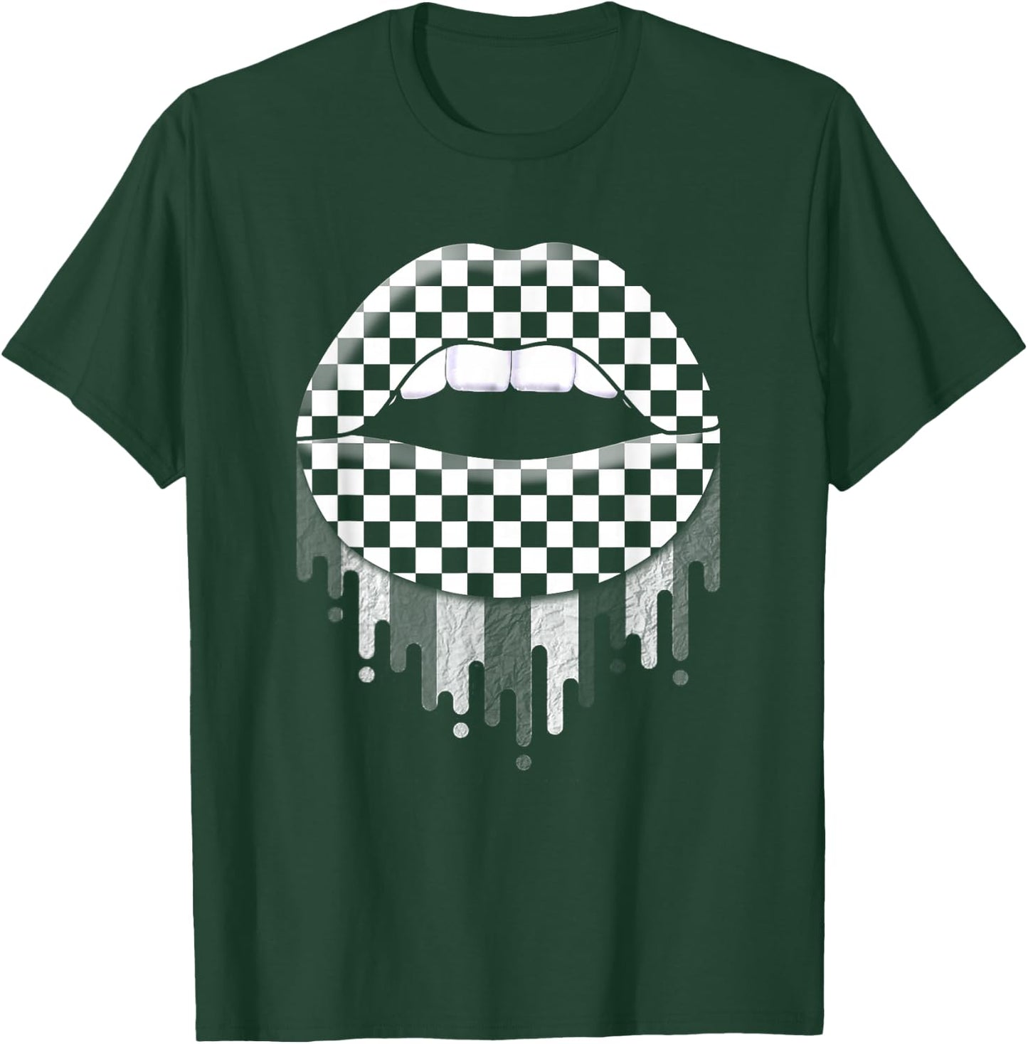 Checkered Black White Lip Cute Checkerboard T-Shirt - T-Shirt | Forest