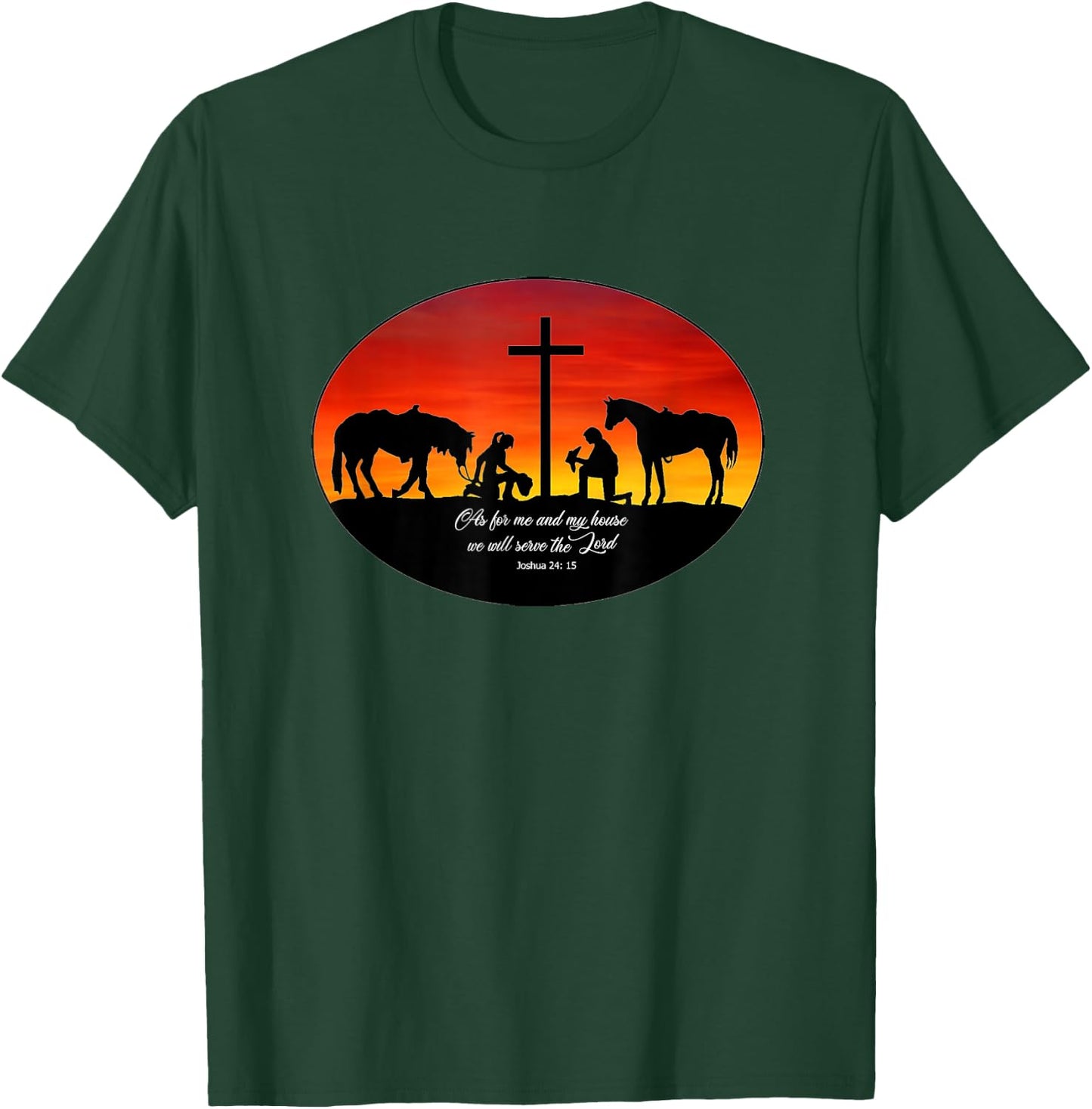 2 Cowhands praying at the Cross sunset. Christian Cowboy T-Shirt - T-Shirt | Forest