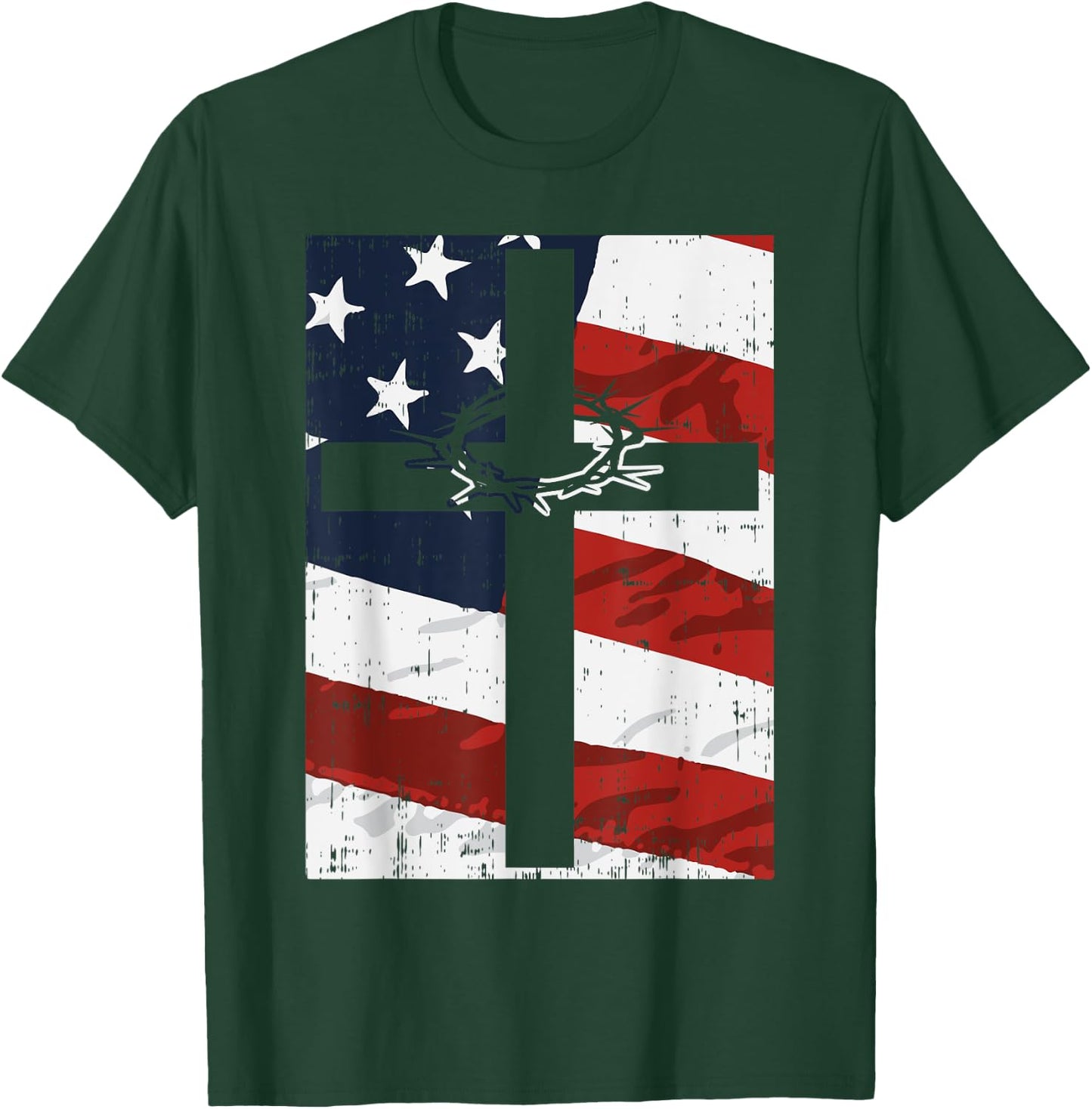Cross American Flag Thorn God Jesus Faith Christian Gift T-Shirt - T-Shirt | Forest