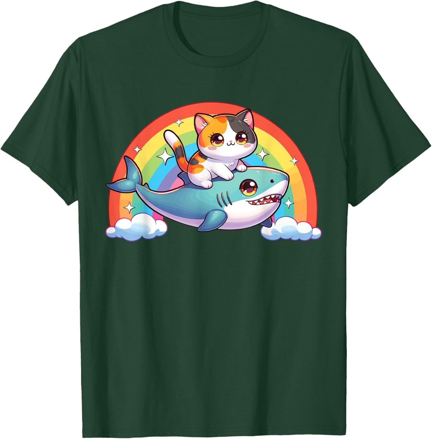 Cat Riding Shark, Kawaii Magical Calico Cat, Cat On Shark T-Shirt - T-Shirt | Forest