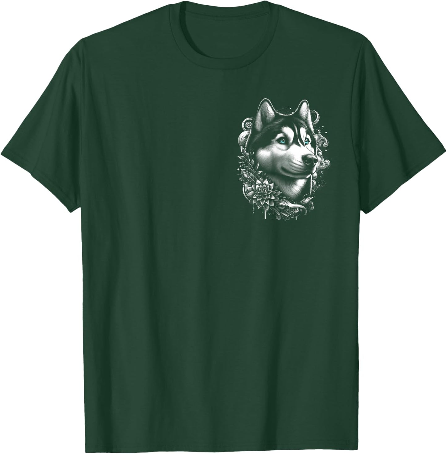 MyAnimal - Your Favourite Animal Wear Cool Husky with Blue Eyes and Flowers Decoration on Chest , Small T-Shirt - T-Shirt | Forest